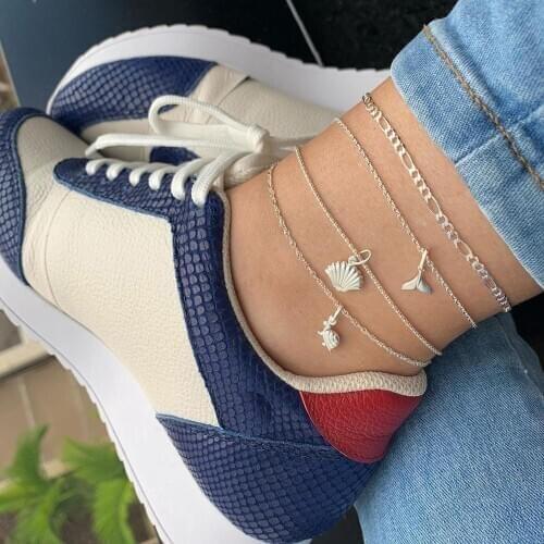 Bohemian Cute Turtle Shell Scallop Whale Tail Anklet Bracelets Women Beach Silver Color Ankle Chain Foot Bracelet Summer Jewelry