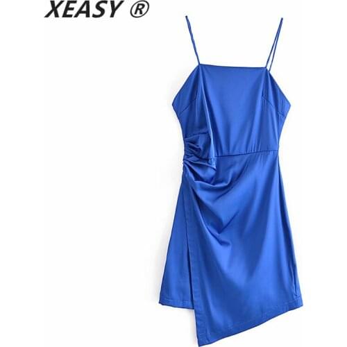 XEASY Summer Dress Women Za Blue Satin Mini Slip Dress Woman 2021 Ruched Backless Strap Asymmetric Hem Short Sexy Party Dresses