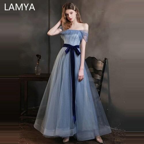 LAMYA Simple Boat Neck Evening Dresses Blue Tulle Prom Gown Elegant Formal Party Dress Plus Size Floor Length Robe De Soiree