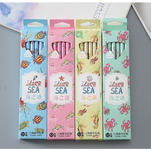 12pcs/set Sea language Kids Pencil Cute Pens and Pencils Cute Stationery Pencil with Eraser Pencils for School Kawaii Supplies