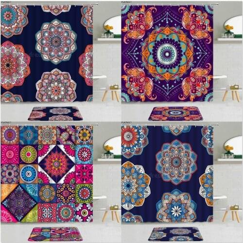 2Pcs Vintage Ethnic Mandala Flower Shower Curtain Bohemian Floral Pattern Bathroom Non-Slip Carpet Bath Mat Hanging Curtains Set