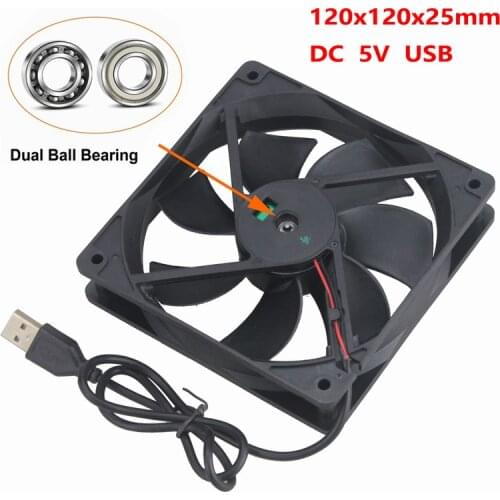 5 Pieces Gdstime 12025 Dual Ball DC 5V 120mm*120mm*25mm Brushless Cooler 12cm USB Cooling Fan 120mm x 25mm 0.2A 1500RPM