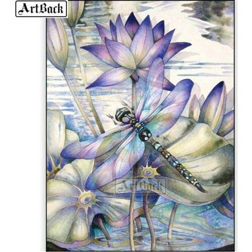 5d diy diamond painting lotus dragonfly cross stitch full square purple landscape flower 3d diamond embroidery diamond mosaic