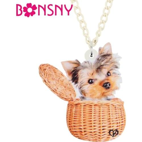 Bonsny Acrylic Basket Yorkshire Dog Necklace Chain Collar Pendant Choker Animal Pets Yorkie Jewelry For Women Teens Girls Gifts