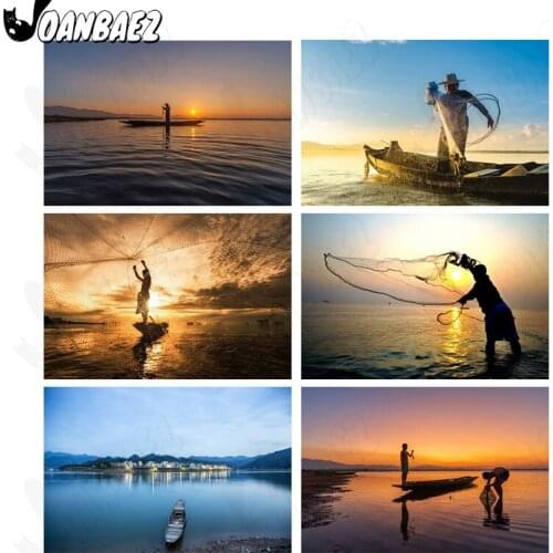 5Ddiy Diamond Painting Sunset Sea Fishermen Fishing Cross Stitch Diamond Embroidery Dream Mosaic Home Decoration Gift