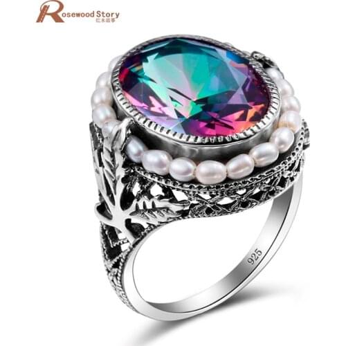 European Style 925 Sterling Silver Natural Pearl Rings Mystic Rainbow Lab Topaz CZ Vintage Ring For Women Wedding Bijoux