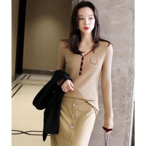 Color contrast V-neck fake bag stretch slim long sleeve knitted bottomed shirt