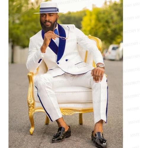 Men Wedding Suit White 2 pieces Set Slim fit Royal Blue Velvet Lapel Double Breasted Blazer Bridegroom Dress Tuxedo Jacket Pants