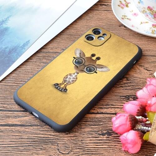 For iPhone Cute Curious Baby Giraffe Wearing Glasses on Yellow Print Soft Matt Apple iPhone Case