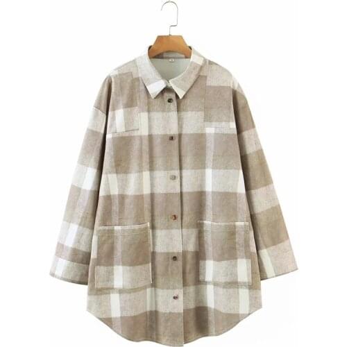 New Women 2020 Casual Loose Pocket All-Match Plaid Lapel Shirt Mid-Length Autumn And Winter Jacket Coat