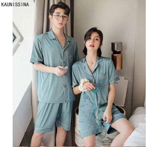 New Silk Couple Pajamas Women Mens Casual Homewear Set Summer Short Sleeve Pockets Turn-down Collar Shorts Pajama Sleepwear