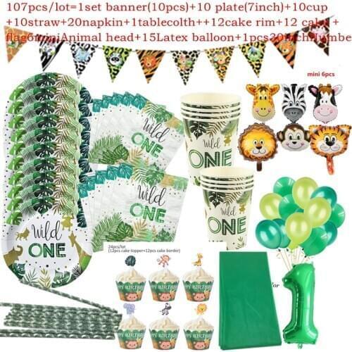 1set One Year Disposable Tableware Boy Wild One Napkin Plates Jungle 1 First Birthday Decor Baby Wild One Year Birthday Favor