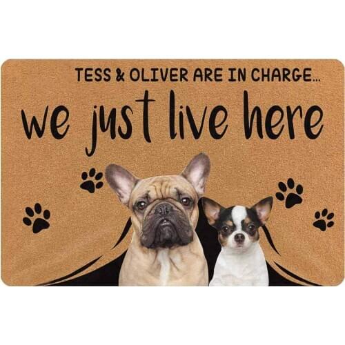 Personalized Pet Dog Family Picture Name Doormat Text is in Charge We Just Live Here Doormat Entrance Mat