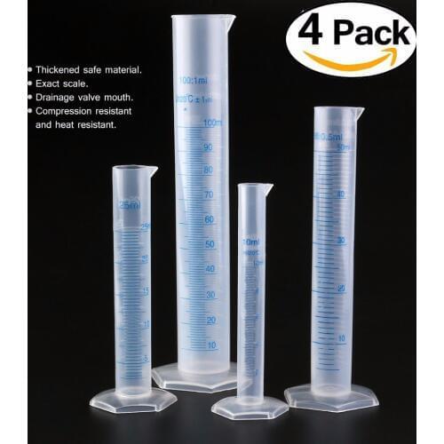 4pcs Mixed size 10ml,25ml,50ml,100ml,Plastic Measuring Cylinder Graduated Cylinders