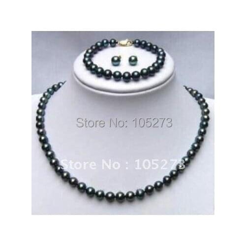 Stunning ! AA 7-8MM Black Freshwater Pearl Necklace Bracelet Earring Jewelry Set Wholesale Hot Sale New Free Shipping
