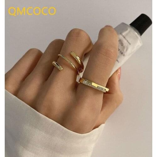QMCOCO Geometric Simple Multilayer Zircon Open Ring Female Fashion Retro Unique Design High Quality Jewelry Woman Party Gift