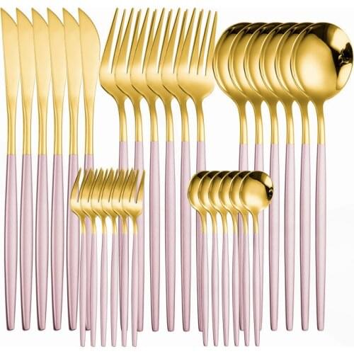 Pink Cutlery Set Stainless Steel Tableware Pink Gold Dinnerware Set Knife Spoon Fork Dinner Set Complete 30pcs Kitchen Flatware