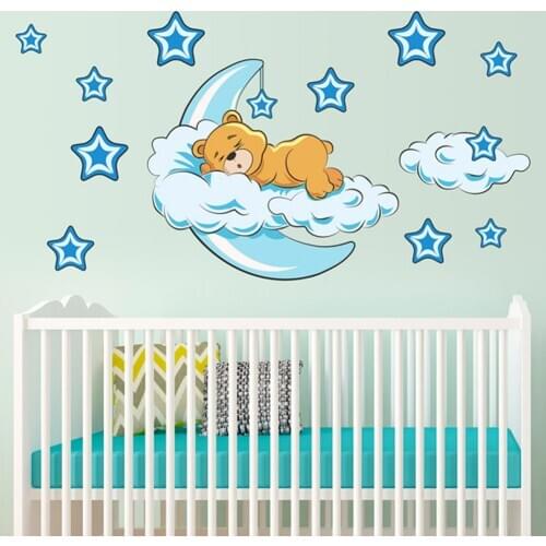 Cute Moon Star Bear Wall Sticker Nursery Kids Baby Room Vinyl Decal Removable Sleeping Bear Moon Stars Space Mural Nursery Decor