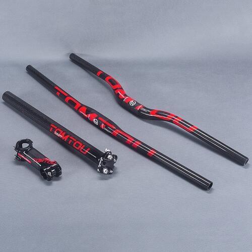 TOMTOU Mountain Bike Handlebar Sets 3k Carbon Fibre Bicycle Handlebars + Seatpost + Stem Cycling MTB Parts Glossy Red - TS2T19