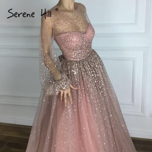2020 New Design Sexy Sheer Long Sleeve Evening Dresses Shining Sequins A-line Party Gowns Robe De Soiree Serene Hill BLA6344