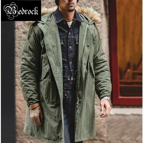 Retro World War II Army Green M65 Fur Collar Cotton Jacket Fishtail Windbreaker Long Thicken Warm Windproof Coat Men