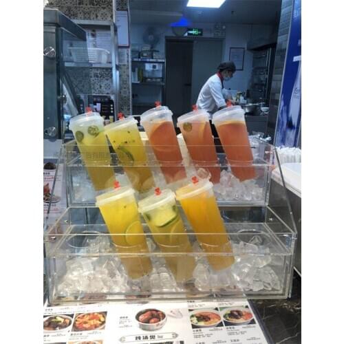 Beverage display box Drinks shop Fresh juice coffee Acrylic display rack Chilled Drinks iced drinks table Shelf