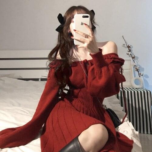 Red Knitted Dress Womens Early Spring New Fashion Sweet Waist Dress