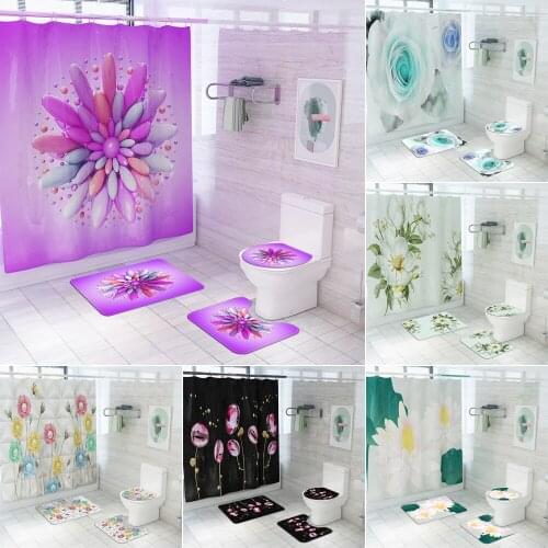 High Quality Small Fresh Shower Curtains Beautiful Flowers Bathroom Curtain Anti Slip Pedestal Rug Lid Toilet Cover Bath Mat Set