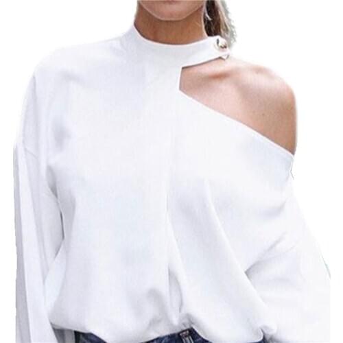 Autumn Pure Color White T-shirt Women Sexy Hollow Out Long Sleeve Plain Loose Bare Shoulder Asymmetric Cut OL T-shirt Streetwear