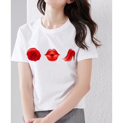 Fashion Womens T-shirt Summer Ins Style Sexy Lip Print Pattern Printing Top Casual O-neck Commuter Top Ladies Bottoming Shirt