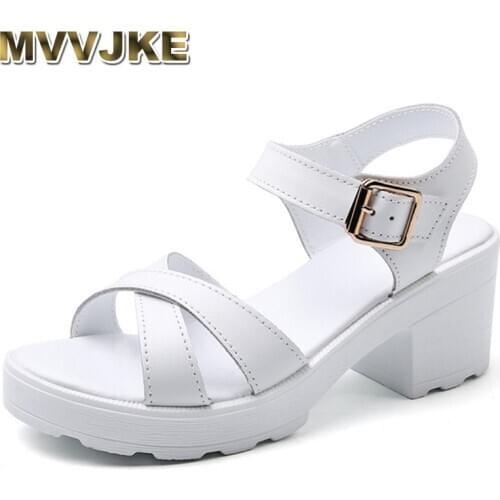 MVVJKE Women Sandals Shoes Woman High Heel Leather Sandals Summer Lady Casual Square Heel Sandals Sandalias Mujer Female Shoes