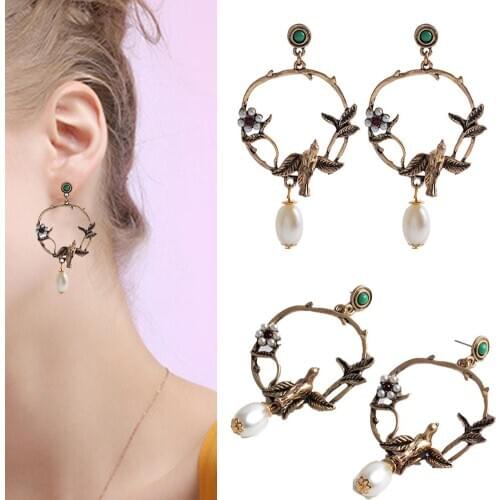Retro Women Garland Drop Flower Bird Faux Pearl Ear Stud Earrings Party Jewelry Ladies Jewelry Design