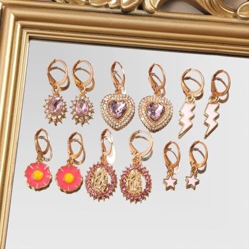 Flatfoosie Luxury Pink Crystal Heart Portrait Drop Earrings Set for Women Trendy Flowers Star Lightning Dangle Earrings Jewelry