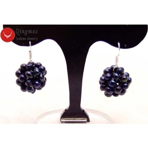 Qingmos Natural Pearl Earring for Women with 4-5mm Black Pearl Handwork Weaving Round Dangle Ball Earring Fashion Jewelry Ear482