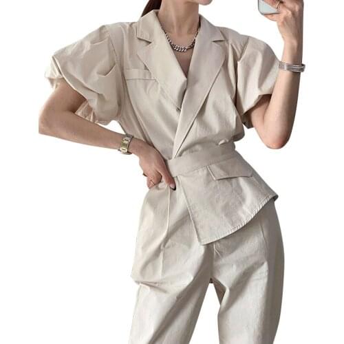 Jumpsuit Women Puff Sleeve Lapel Retro Jumpsuits Women 2021 Summer Korean Office Lady Wear Elegant Wrap Rompers Female LD1929