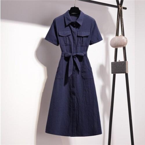New Summer Dress Women High Waist A-line Temperament Shirt Vestidos Female Korean Blue Bow Single breasted Dress 2020 Mujer Q6