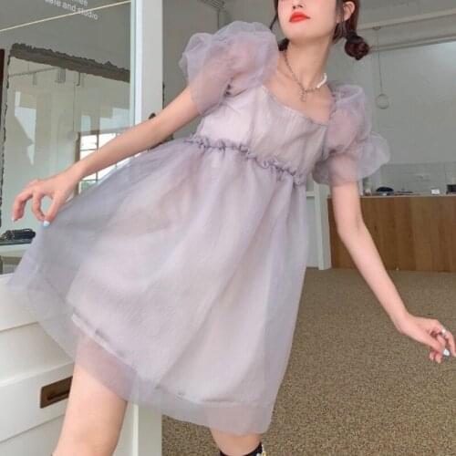 Bella 2021 New Summer Vintage Dress Women Elegant French High Waist Gauze Fairy Dress Casual Korean Kawaii Sweet Party Dress