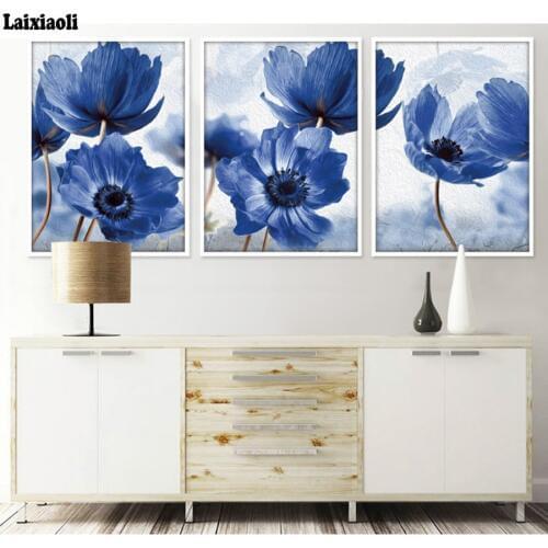 3pcs New Diamond Embroidery Cross Stitch blue poppy flower Full square stone Needlework Diy Diamond Painting mosaic decoration