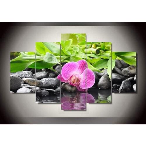 5 Panel Wall Art Botanical Green Feng Shui Orchid Oil Painting On Canvas Quartz crystal Abstract Paintings Pictures Decor