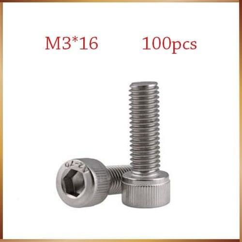 Free Shipping 100pcs/Lot Metric Thread DIN912 M3x16 mm M3*16 mm 304 Stainless Steel Hex Socket Head Cap Screw Bolts