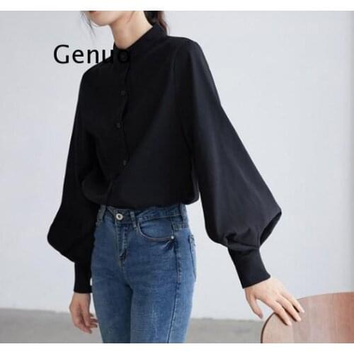 Big Lantern Sleeve Blouse Women Autumn Winter Single Breasted Stand Collar Shirts Office Work Blouse Solid Vintage Blouse Shirts