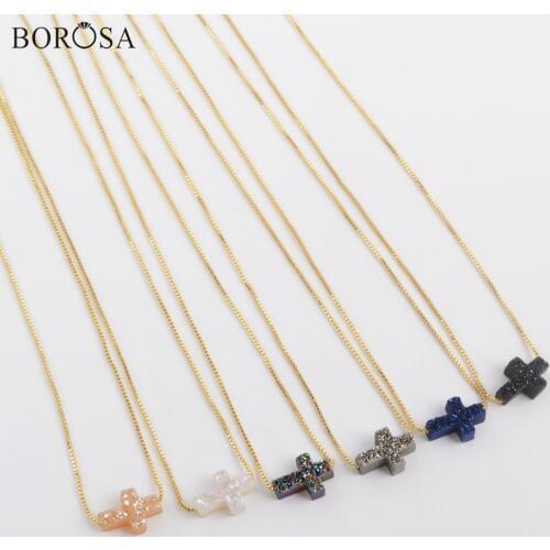 BOROSA 5Pcs Fashion 16.5inch Cross Druzy Pendant Necklace Jewelry, Rainbow Titanium Natural Druzy Adjustable Necklace G1890