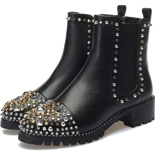 Rivet Ankle Booties Chunky Medium Heel Round Toe Studded Slip On Spring Winter Casual Office Shoes For Ladies Thicken Heel