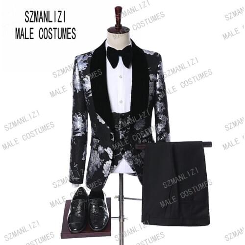 Drop Shipping Formal Mens Tuxedo 2019 New Brand Designs Black And Silver Floral Wedding Groom Dress 3 Piece Dinner Party Suits