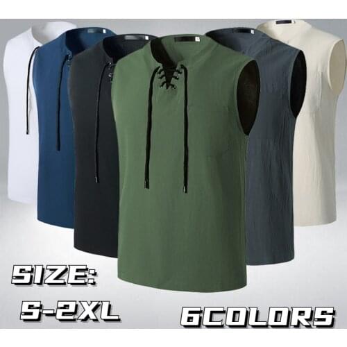 New Fashion Mens Sleeveless Hemp Cotton T-Shirt V-Neck Loose Casual Tops Tee Mens Solid Color T Shirts