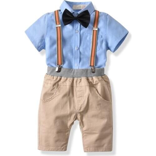Boys 1-8Y Summer Short Sleeve Single Breasted Shirt Bib Pant Clothing Set Blue Brife Style Cotton Summer Clothing Sets
