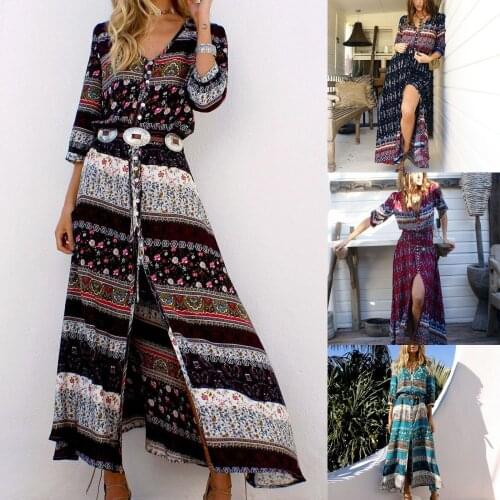 Maxi T Shirt Dress Women Summer Beach Boho Sexy Party Elegant Vintage Casual Print Button Long Dresses Plus Size Sundress