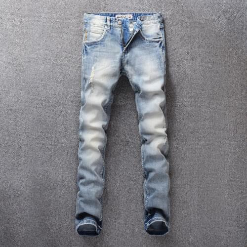 Korean Style Fashion Men Jeans Retro Light Blue Elastic Slim Fit Ripped Jeans Men Embroidery Designer Casual Cotton Denim Pants