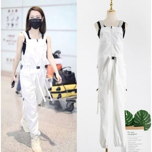 Kpop Korean Celebrity Fashion Black O-Neck Slim Knitted Vest Tops+Streetwear Casual Loose White Bib Trousers Two Piece Outfits