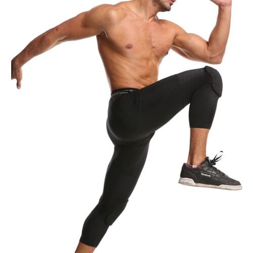 Mens Safety Anti-Collision Pants Basketball Training 3/4 Tights Leggings With Knee Pads Protector Sports Compression Trousers